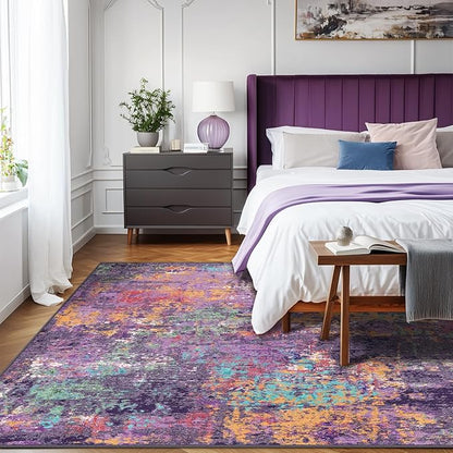 RELEANY Washable Area Rugs 6'x8' Non-Slip Modern Abstract Soft for Living Room Entryway Bedroom Nursery, Print Pattern, Purple Orange Blue Green Rust Red Colorful