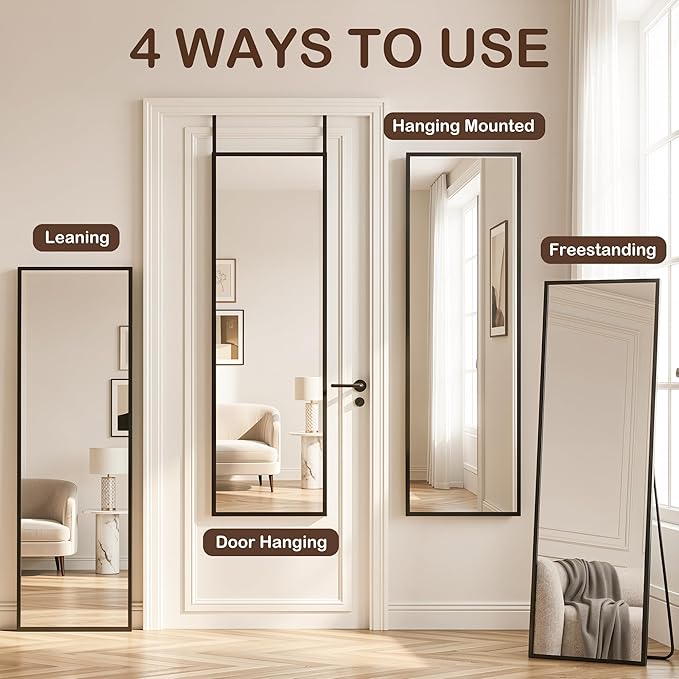 Antok 56''x15'' Full Length Mirror, Shatterproof HD Oversized Floor Mirror with Stand, Aluminum Alloy Frame Leaning Standing or Wall Mounted Mirror for Bedroom Living Room Entryway, Black