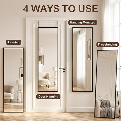 Antok 56''x15'' Full Length Mirror, Shatterproof HD Oversized Floor Mirror with Stand, Aluminum Alloy Frame Leaning Standing or Wall Mounted Mirror for Bedroom Living Room Entryway, Black