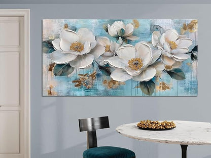 Ardemy Flower Wall Art for Living Room White Floral Canvas Art Wall Decor, Magnolia Teal Picture Textured Painting Turquoise Framed Artwork Bedroom Dining Room Kitchen Home Office 40"x20"