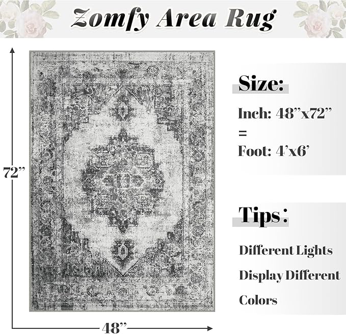 Area Rug 4x6 Vintage Rugs: Washable Indoor Medallion Rug Low Pile Distressed Floor Carpet Retro Accent Rugs for Living Room Bedroom Kitchen Dining Table Home Office(Black, 4'x6')