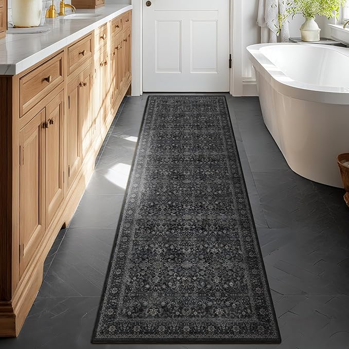 Dark 2x8 Kitchen Runner, Washable Non Slip Runner Rug for Hallway Entryway, Lightweight Ultra Thin Low Pile Carpet Runner for Bathroom/Mudroom/Corridor/Laundry Room, Vintage Farmhouse Midnight