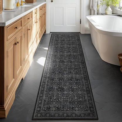 Dark 3x8 Hallway Runner Rug, Entryway Kitchen Runners Non Skid Washable 8 ft, Non Slip Ultra Thin Carpet Runner for Corridor Mudroom Foyer Bathroom Bedroom, Vintage Farmhouse Midnight