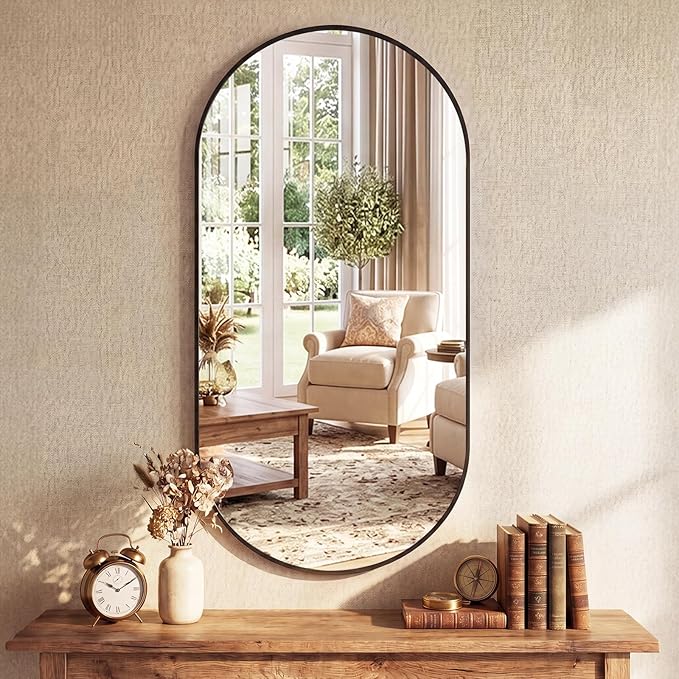 Sweetcrispy 24" x 48" Black Bathroom Mirror for Wall, Oval Wall Mirror with Metal Frame, Tempered Glass, Modern Vanity Mirror for Over Sink, Living Room, Bedroom, Entryway, Horizontal or Vertical