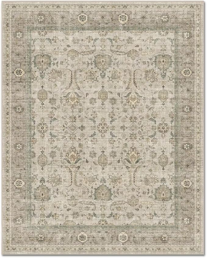 Washable 10x14 Area Rugs for Living Room, Boho Non-Slip Vintage Distress Large Rugs for Bedroom Dining Room Office, 0.3" Neutral Oriental Throw Thin Carpet, Flaxen/Multi, B2