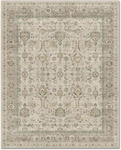 Washable 5x7 Area Rugs for Living Room, Boho Non-Slip Vintage Rugs for Bedroom Dining Room Nursery Office, 0.3" Neutral Oriental Throw Thin Carpet with Cushioning, Flaxen/Multi, B2