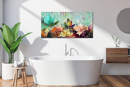 GUGIKA Flower Wall Art for Living Room, Colorful Floral Canvas Wall-Art for Bedroom, Watercolor Lotus Print, Large Size 59x29 Inches