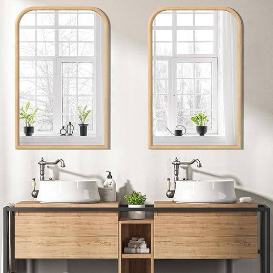 24"x36" Arch Wall Mirror for Wall, Wall Mounted Vanity Mirror for Bedroom, Wood Grain Finish Frame Mirror with Tempered Glass, Vintage Decorative for Bathroom, Entryway, Living Room, Natural