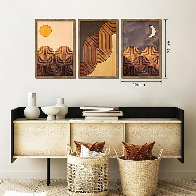 raiqtols Abstract Framed Wooden Canvas Wall Art Set of 3 – Sun Moon Geometric Boho Modern Wall Decor, Golden Brown Mid Century Prints with Wooden Frame for Living Room Bedroom – 16x24in