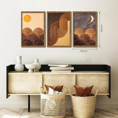 raiqtols Abstract Framed Wooden Canvas Wall Art Set of 3 – Sun Moon Geometric Boho Modern Wall Decor, Golden Brown Mid Century Prints with Wooden Frame for Living Room Bedroom – 16x24in