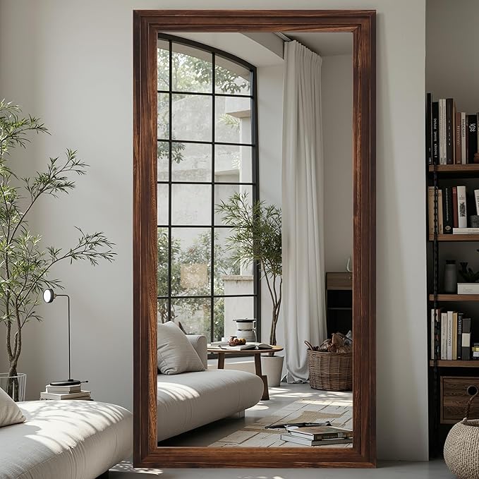 Full Length Mirror, 81"x41" Wooden Mirror Full Length with Stand Wood Floor Mirror, Oversized Stand Up Mirrors Large Wall Mirrors, Wall Mounted Mirrors, Rect Wood Style, Walnut