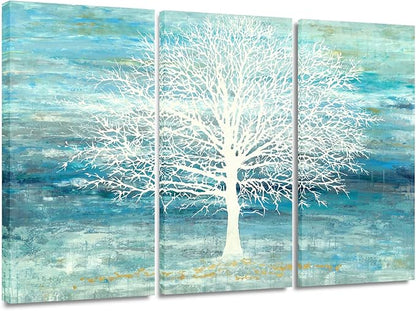Yihui Arts Teal and Blue Canvas Wall Art - White Tree Paintings with Gold Foil - 3 Pieces Landscape Pictures for Living Room Bedroom Bathroom Decor