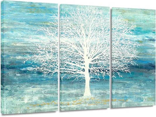 Yihui Arts Teal and Blue Canvas Wall Art - White Tree Paintings with Gold Foil - 3 Pieces Landscape Pictures for Living Room Bedroom Bathroom Decor