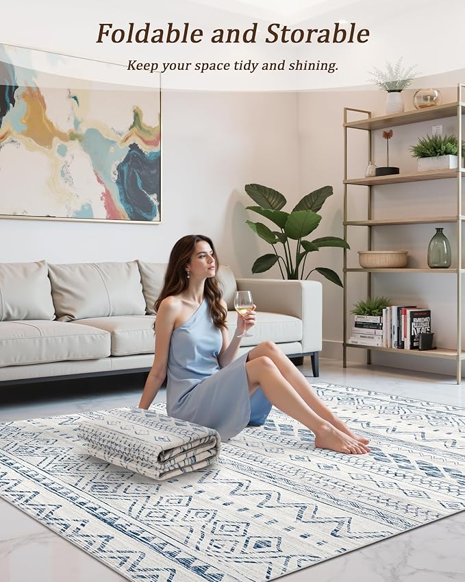 Miukiki 5x7 Area Rug for Living Room Moroccan Washable Rugs Non Slip Indoor Floor Carpet Foldable Large Soft Area Rug for Dining Room Bedroom with Low Pile(Blue,5'x7')