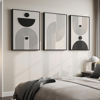 Large 3D Textured Framed Black and White Abstract Wall Art for Living Room, 3 Piece Modern Geometric Paintings, Minimalist Neutral Relief Pictures for Dining Bedroom Hallway Office Wall Decor, 24x36 In