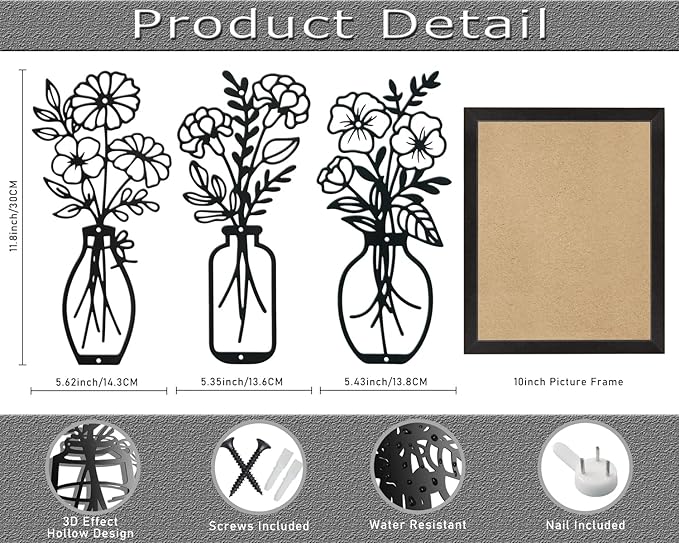 Lcaughsy Metal-Wall-Art Decoration - Metal Wall Decor Floral and Picture Frame For Living Room, 3 Pcs Hanging Wall Decor Art for Home Dining Room Bedroom Kitchen Farmhouse, Black