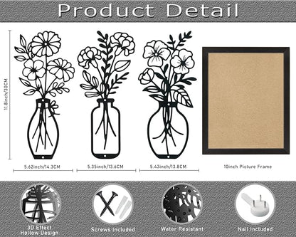 Lcaughsy Metal-Wall-Art Decoration - Metal Wall Decor Floral and Picture Frame For Living Room, 3 Pcs Hanging Wall Decor Art for Home Dining Room Bedroom Kitchen Farmhouse, Black
