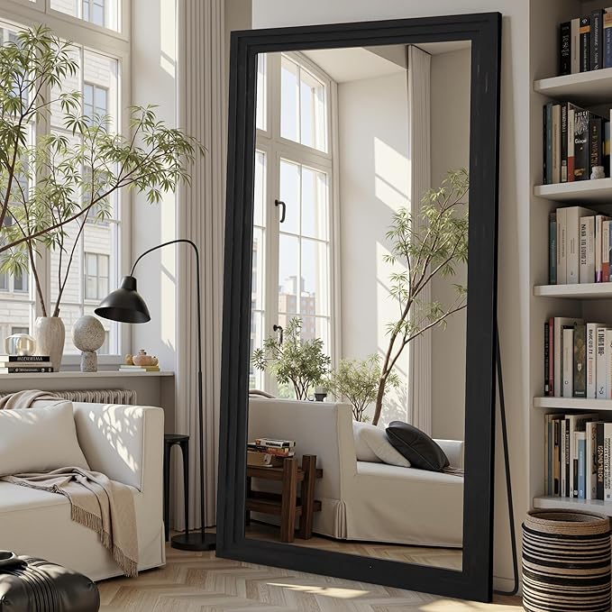 Full Length Mirror, 81"x41" Wooden Mirror Full Length with Stand Wood Floor Mirror, Oversized Stand Up Mirrors Large Wall Mirrors, Wall Mounted Mirrors, Rect Wood Style, Black