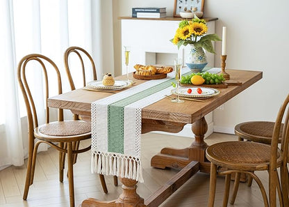 FEXIA Sage Green Table Runner 60 Inches Long with Tassels Boho for Summer Home Decor Rustic Macrame Farmhouse Table Cover for Wedding Party Bohemian Bridal Shower Dining Decorations(12x60 Inches)