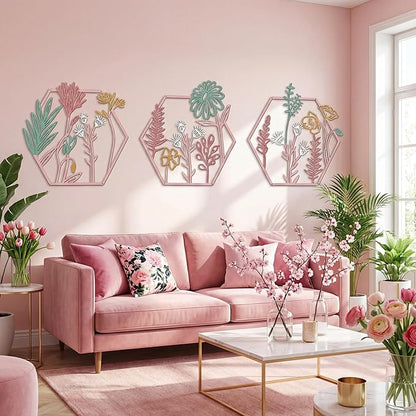 Peryiter 3 Pcs Metal Flower Wall Decor Minimalist Floral Wall Hanging Decor Metal Flower Rustic Floral Art for Spring Living Room Bathroom Kitchen Indoor Outdoor(Pink)