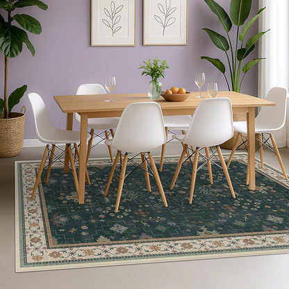 Hazo Haus Dark Green Oushak 5x8 Living Room Rug - Modern Vintage Boho Eclectic Floral Pastel, Washable Low Pile Non-Slip Large Area Rugs for Nursery Dining Under Table Bedroom Lounge