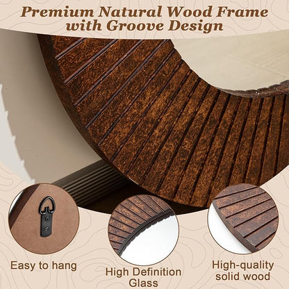 Vercraft 30" Round Wood Wall Mirror - Grooved Decorative Mirror for Entryway, Living Room Bathroom, Bedroom, Hallway