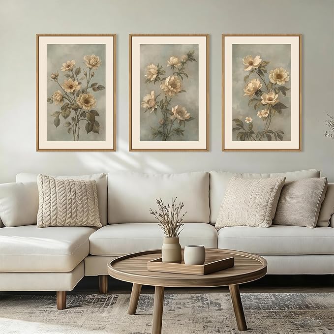 KAIRNE Vintage Botanical Flower Framed Canvas Wall Art Set,Boho Green Beige Floral Wall Decor,Rustic Wildflower Art Prints,Modern Minimalist Artwork for Living Room,Bedroom,Farmhouse,Office-24 x36 x3