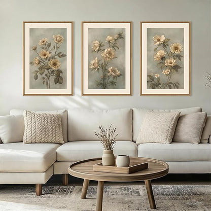 KAIRNE Vintage Botanical Flower Framed Canvas Wall Art Set,Boho Green Beige Floral Wall Decor,Rustic Wildflower Art Prints,Modern Minimalist Artwork for Living Room,Bedroom,Farmhouse,Office-24 x36 x3