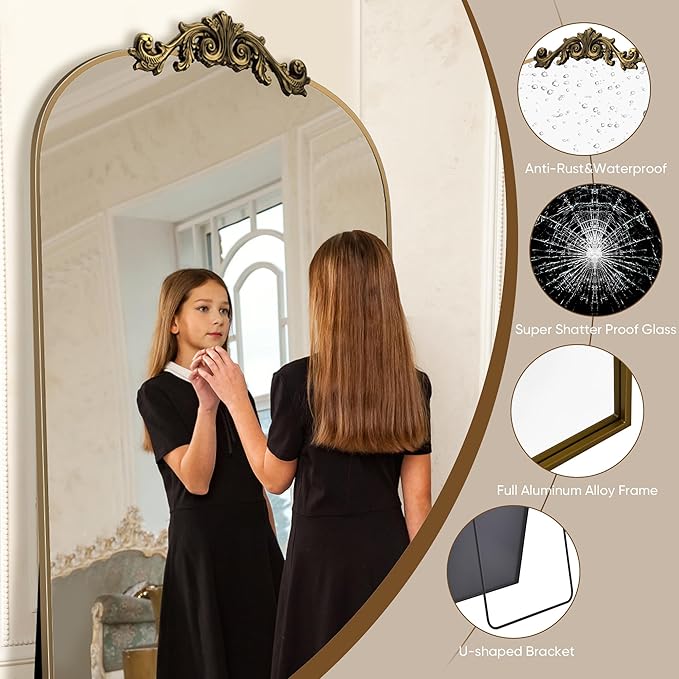 Antok Arched Full Length Mirror, 72"x44" Floor Mirror with Carved, Full Body Mirrors for HomeDecor, Standing/Halling Large Wall Mirror for Bedroom, Living Room, Cloakroom, Bronze, Vintage Style