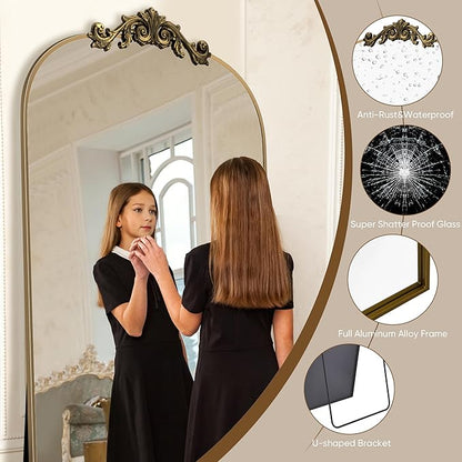 Antok Arched Full Length Mirror, 72"x44" Floor Mirror with Carved, Full Body Mirrors for HomeDecor, Standing/Halling Large Wall Mirror for Bedroom, Living Room, Cloakroom, Bronze, Vintage Style