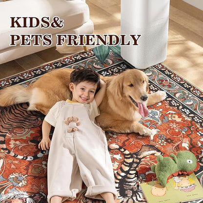 Tiger Washable Rugs for Living Room 4x6Ft, Boho Jungle Bedroom Area Rugs, Thin Botanical Entryway Nursery Area Floor Carpets for Dorm Dining Room Kids Playroom Study Farmhouse, Rust Red