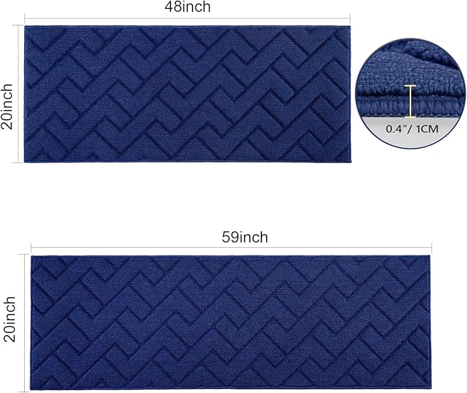 hicorfe Kitchen Runner Rugs and Mats Sets,2 Pieces Absorbent Non-Slip Kitchen Rug,Comfort Kitchen Mat for Floor,Washable for Kitchen,Hallway,Office,Sink,Laundry(20"x59"+20"x48",Navy Blue)