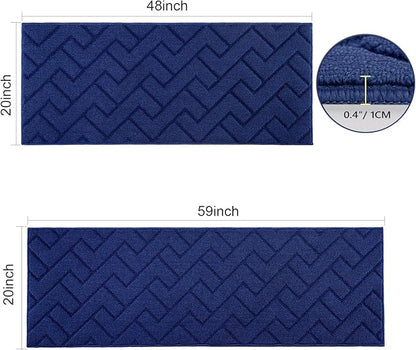 hicorfe Kitchen Runner Rugs and Mats Sets,2 Pieces Absorbent Non-Slip Kitchen Rug,Comfort Kitchen Mat for Floor,Washable for Kitchen,Hallway,Office,Sink,Laundry(20"x59"+20"x48",Navy Blue)