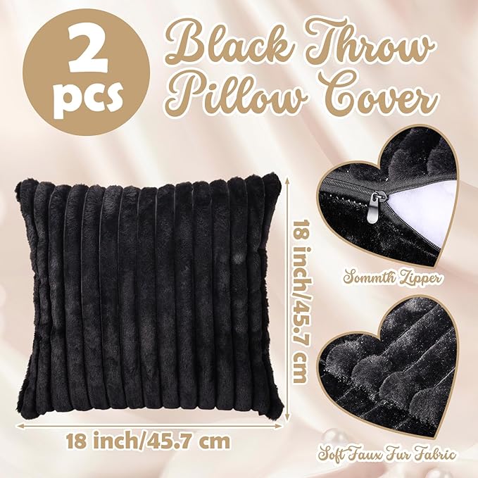 Tegeme Set of 3 Knot Pillow Ball and 18" Throw Pillowcases Fuzzy Striped, Soft Knotted Home Decor Pillow, 2 Faux Fur Cushion Covers Aesthetic Cushion and Cases for Sofa Bed Bedroom Living Room(Black)