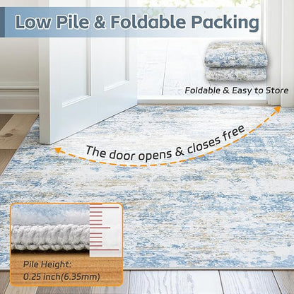 Area Rug 6x9 Living Room Rug Washable: No-Slip Abstract Soft Thin Large Blue White Gold-Beige Rugs, Indoor Floor Stain Resistant Modern Carpet for Bedroom Dining Room Farmhouse Nursery Home Office