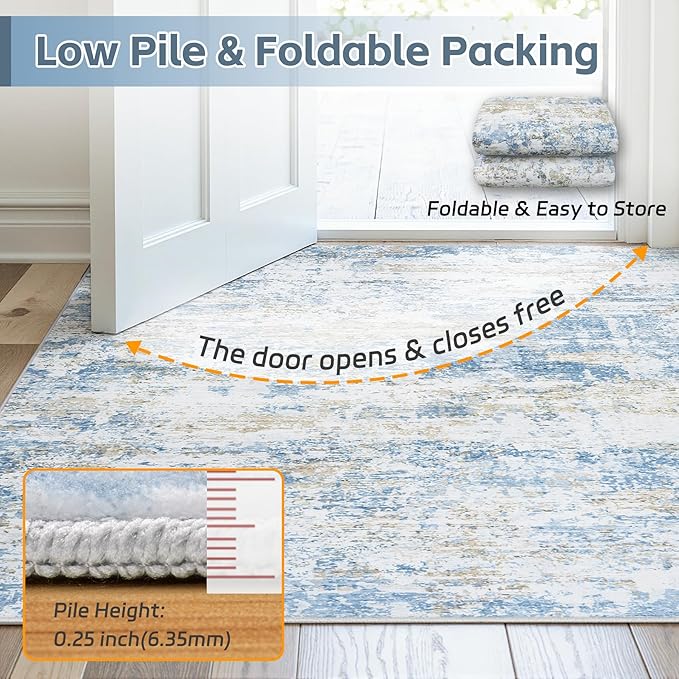 Area Rug 8x10 Living Room Rug Washable: No-Slip Abstract Soft Thin Large Blue White Gold-Beige Rugs, Indoor Floor Stain Resistant Modern Carpet for Bedroom Dining Room Farmhouse Nursery Home Office