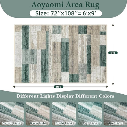 Area Rug for Living Room 6x9: Large Washable Boho Moroccan Rugs Geometric Neutral Rug, Non-Slip Foldable Morden Farmhouse Indoor Floor Carpet for Bedroom Dining Table Home (Green,6'x9')