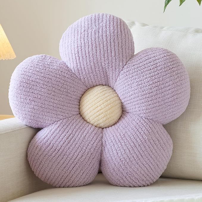 Flower Pillow, Decorative Throw Pillow for Couch, Cute Decor Pillows for Bed, Aesthetic Flower Shaped Pillow Fun Cushion (Lavender Purple, 19.6 Inches)