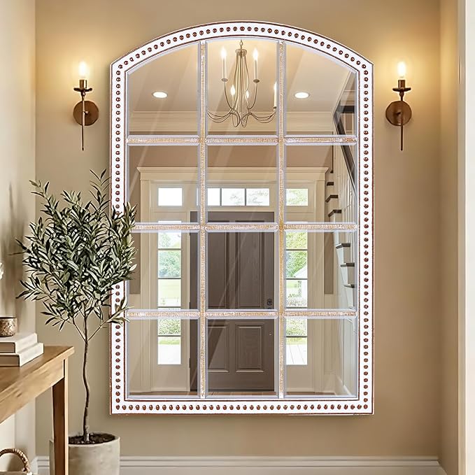 HOITUZYUS 42x28 Inch Farmhouse Arched Windowpane Wall Mirror, Rustic Decorative Mirrors for Living Room, Bedroom, Entryway, Hallway, Bathroom