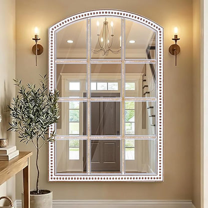 HOITUZYUS 42x28 Inch Farmhouse Arched Windowpane Wall Mirror, Rustic Decorative Mirrors for Living Room, Bedroom, Entryway, Hallway, Bathroom