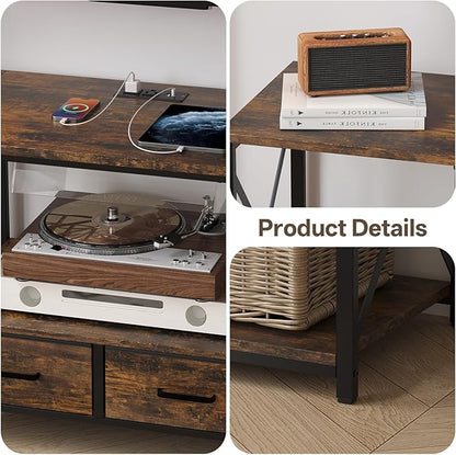 LED TV Stand with 2 Fabric Drawer - 55" Industrial TV Console Table with Open Storage Shelves for Living Room,Bedroom, Entertainment Center TV Stands for 55-65" TV - Black Steel Frame