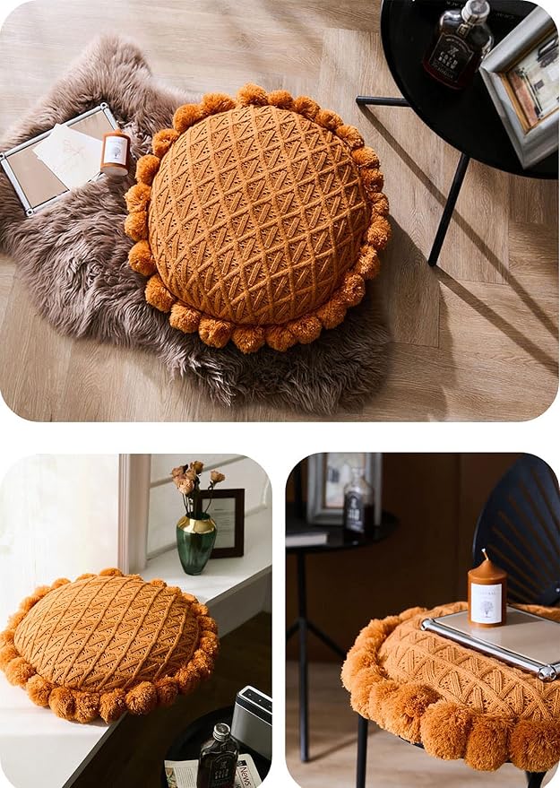 IXITON Round Creative Knitting Pompoms Pillow Sunflower Pillow Decorative Cushion Throw Pillow with Insert Plush Pillow for Couch Sofa Bed, 20 Inch (Brown)