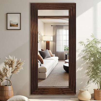 Antok Full Length Mirror with Solid Wood Frame, 71"×32" Wall Mounted Oversized Floor Mirror with Stand, Leaning Standing Hanging for Bedroom Living Room Entryway, Walnut, Rect Style