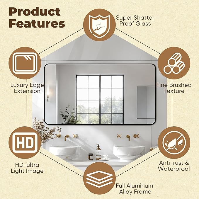 Antok 55x30 Black Metal Framed Bathroom Mirror,Wall Mirror with Round Corners, Vanity Mirror for Over Sink, Anti-Rust Tempered Glass, Horizontal/Vertical Hanging for Bathroom, Living Room, Entryway