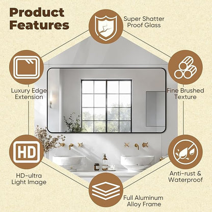 Antok 55x30 Black Metal Framed Bathroom Mirror,Wall Mirror with Round Corners, Vanity Mirror for Over Sink, Anti-Rust Tempered Glass, Horizontal/Vertical Hanging for Bathroom, Living Room, Entryway