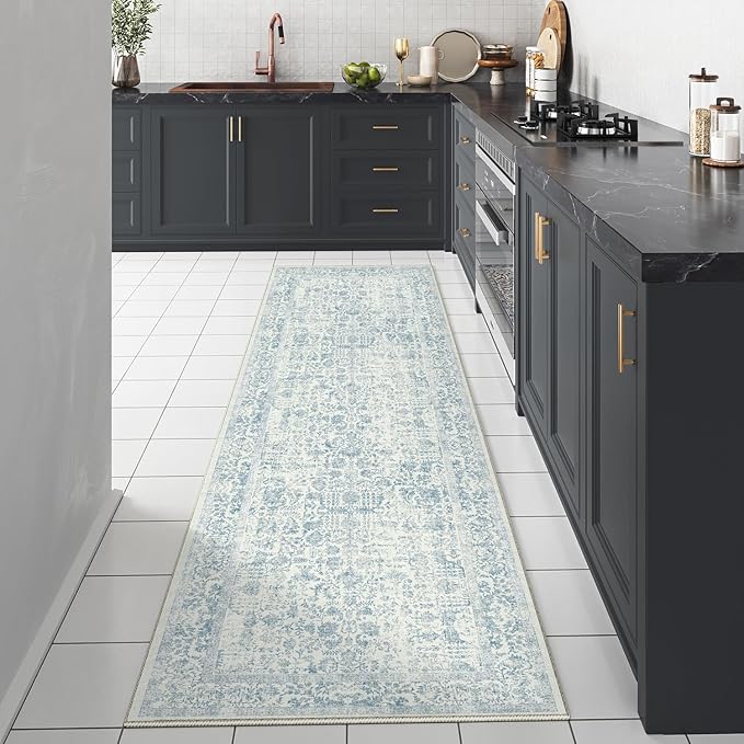 PureCozy Blue Runner Rug 2x5 Hallway Machine Washable Kitchen Vintage Distressed Non Slip Long Carpet Indoor Retro Floral Bedroom Accent Throw Rug for Bathroom Office Laundry Dining Room