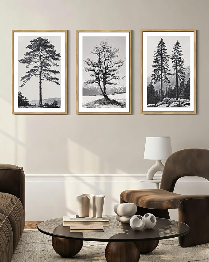 Drsoum Vintage Black Gray Tree Wall Art Framed Antique Retro Forest Prints Modern Rustic Artwork Bedroom Farmhouse Ready to Hang 16x24in Natural Framed