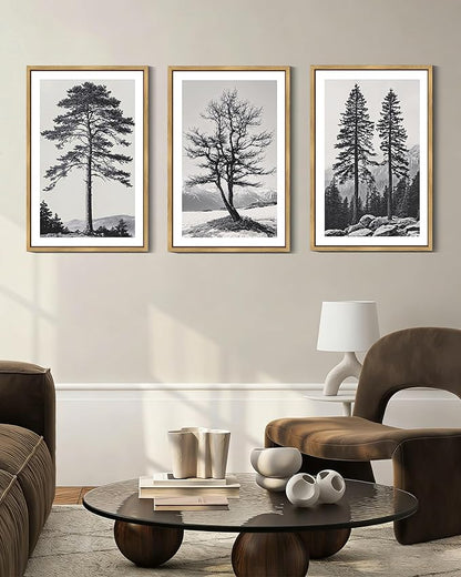 Drsoum Vintage Black Gray Tree Wall Art Framed Antique Retro Forest Prints Modern Rustic Artwork Bedroom Farmhouse Ready to Hang 16x24in Natural Framed