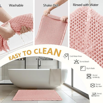 MIULEE Set of 2 Waffle Bathroom Rugs, Boho Bath Rugs Non Slip Washable, Super Absorbent Bath Mats, Ultra Soft Rubber Backed Shower Mats for Bathroom Floor, Tub and Shower, Pink, 18x30 Inch