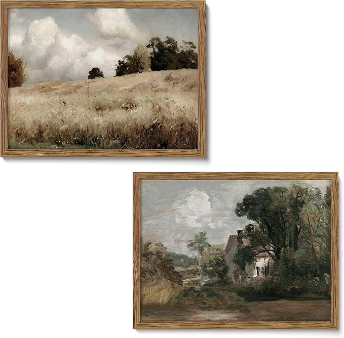 Framed Vintage Landscape Wall Art Set of 2, Rustic Farmhouse Field Canvas Wall Decor Paintings, Retro Nature Country Artwork Prints Pictures for Living Room Bedroom Home Decor 16x24 Inch